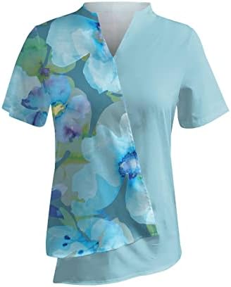 QtthZZr Блузи за Жени, Ежедневни Летни Тениски с Цветен Блок, с Къс Ръкав и V-образно деколте, Нередовна Модни Блузи, Потници