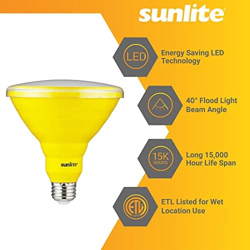 Sunlite 81476 LED PAR38 Цветна Вградена лампа от насекоми, 15 W (Еквивалент на 75 W), Средна база (E26), Прожектор, С посочване на ETL, Жълт, 1 Опаковка