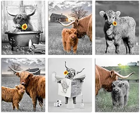 ТВ Hongwu Платно, Стенно изкуство Високопланинско Крави за кухня Черно - бели Снимки на Крави в Тоалетната,