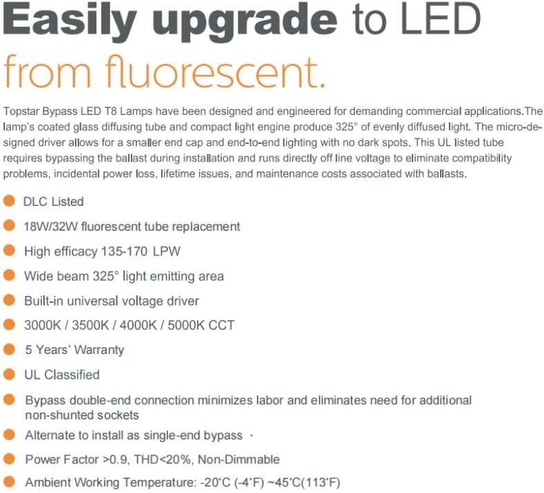 Линеен led клиенти лампа Topstar Т8, Съвместим с поддръжка байпас баласт, 15 W, 5000 К, Естествен Бял, Подмяна на флуоресцентна лампа, UL Рейтинг