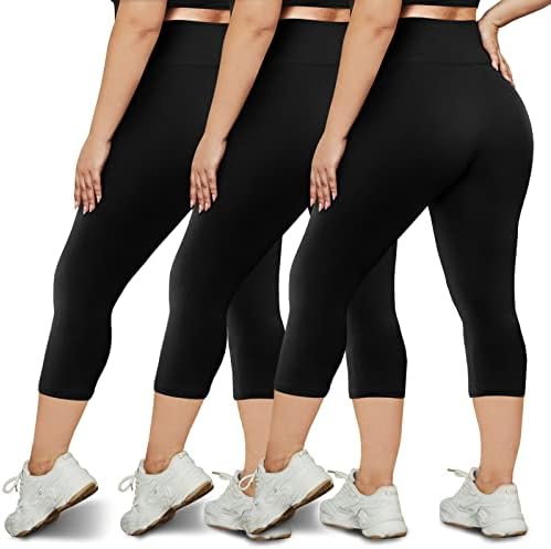 HLTPRO 3 опаковки леггинсов-капри за жени размера на плюс, Гамаши с висока талия 3/4, идеални за тренировки, йога и ежедневни облекла Черен/Black/Черен
