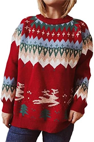 Женски Празничен Пуловер с кръгло деколте, Ежедневни Блузи С Дълъг Ръкав и Мека Шарките на Елен, Коледен Пуловер,