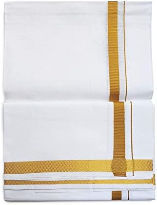 Мъжки dhoti Kolakeer™, изработени от памук, със златен кант Zari велкро с джоб, удобен, чорап, с регулируема талия от 28 до 38 инча (бял)
