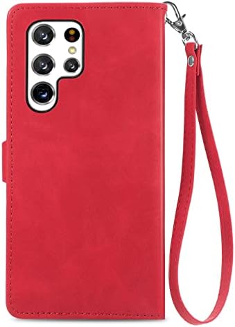 Дизайнерска чанта-портфейл Monwutong с цип за Samsung Galaxy S23 Ultra, Приятен на Допир Кожен калъф с магнитна закопчалка и отделения за няколко карти, кобур за Galaxy S23 Ultra, SZY Red