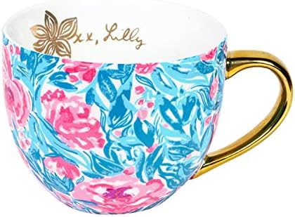 Керамични Кафеена чаша или чаша за чай с цветя модел Lilly Pulitzer с тегло 12 Грама, Скъпа Чаша със Златна