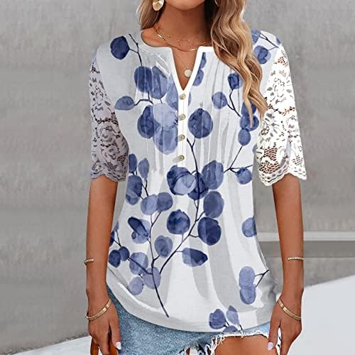 Дамски Дантелени Блузи С Къс Ръкав, Тениска с V-образно деколте и Копчета, Елегантни Ежедневни Блузи С Флорални