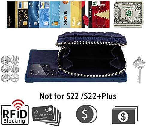 Чанта-портфейл MONASAY с цип за Galaxy S22 Ultra 5G, [Защитно фолио за екрана] [Блокиране на RFID], флип-надолу