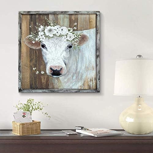 Стенно изкуство с участието на животните, в рамката: Бяла Крава, Ръчно Рисувани върху дървена дъска за Спални