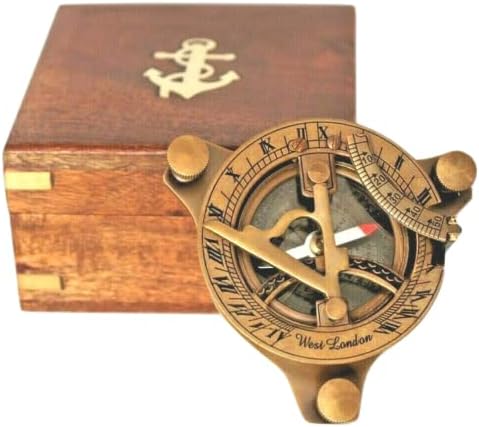Античен Морски Месинг Компас Слънчевия часовник 3 , Коллекционный Подарък предмет в Дървена кутия, Старинни