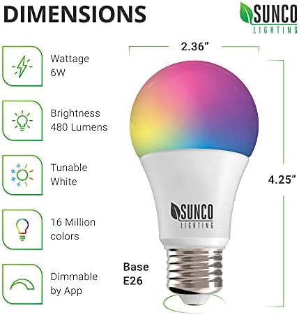 Sunco Умни Wi-Fi лампи Алекса A19 с регулируема яркост, което променя цвета RGB, 6 W, 480 LM, на База E26, Многоцветни,