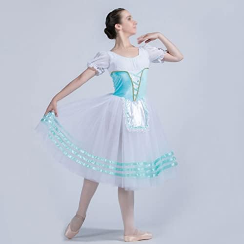 Романтична рокля от тюл 360° с пухкави ръкави от Бледо Синьо Кадифе с Бели, Горни Елече от Ликра, Романтична