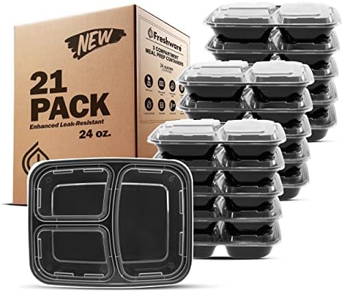 Съдове за приготвяне на храна Freshware [21 опаковка], 3 отделения с капаци, Контейнери за съхранение на храна,