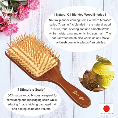 Дървена четка за коса [Произведено в Япония] Натурално растително масло, Смесено С естествен Косъм, с Дървена