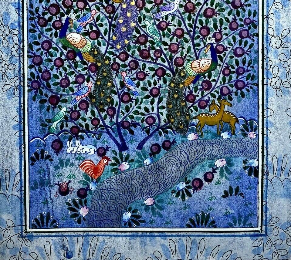 Умален модел на Персийския на изкуството От Копринени Ръчна хартия Дървото на живота 11x7,5