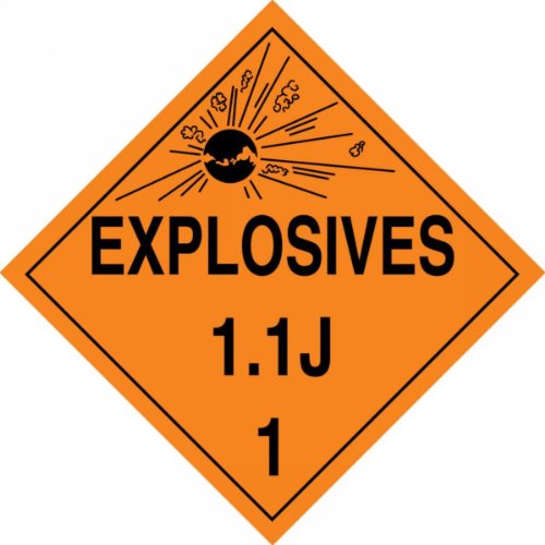 Пластмасов плакат Accuform MPL18VP10, клас на опасност 1 / Единица 1J, Взривни вещества 1.1 Дж / 1 с графично