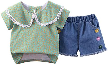 Xbgqasu/ Дрехи за малките момичета, Тениска с къс ръкав и цветна принтом, Топ, Дънкови Шорти, Всекидневни комплект дрехи от 2 теми, Есенна дрехи за малките момичета (Зеле?