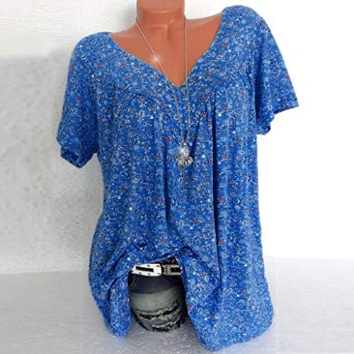 Тениска Оверсайз за Жени, добре облечени Туника с Цветен Принтом И Рюшами, Блузи с V-образно деколте и Къс Ръкав,