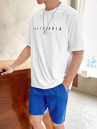 OSHHO Облекло от две части за мъже, тениски с надпис и къси панталони, с открити рамене (Цвят: синьо и бяло