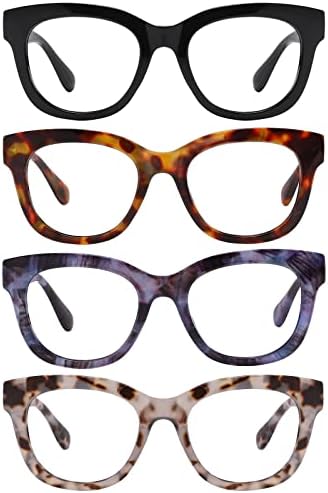 KSSESSE 4 Опаковки Очила за четене за Жени И Мъже, Блокер Синя Светлина Квадратни, Овални, Очила за Четене с